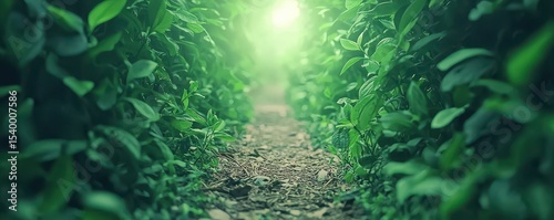 A serene, leafy green pathway with soft sunlight filtering through the dense foliage, creating a peaceful and inviting natural tunnel.