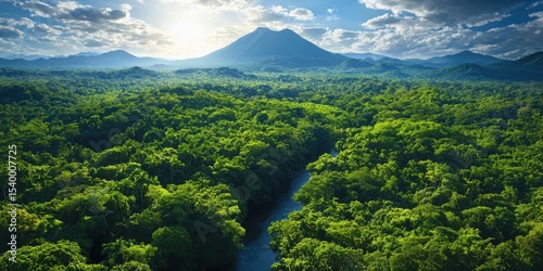 A lush green forest with a river running through it, framed by distant mountains under a partly cloudy sky with sunlight breaking through.