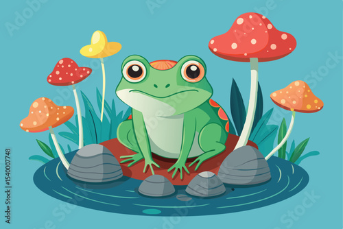Cartoon Frog Sitting on Rock Surrounded by Mushrooms in a Pond