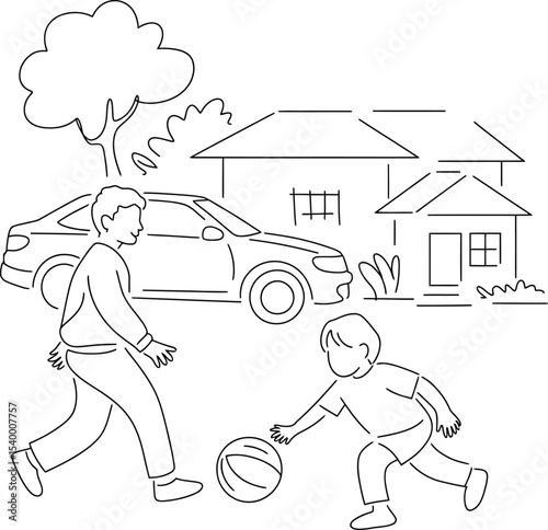 Vector Sketch of Kids Playing Soccer, Outdoor Scene with House and Car.