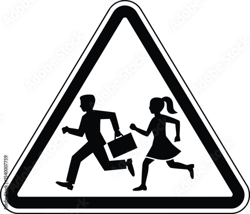 Vector School Ahead Sign, Black and White Warning Triangle with Running Children.
