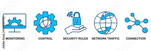 Firewall icon set vector illustration concept for network security system with icon of monitoring, control, security rules, network traffic and connection