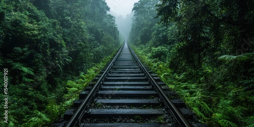 A misty railway track cuts through dense, green forest, creating a serene and mysterious atmosphere.
