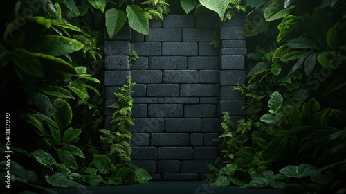 A dark stone wall partially covered by lush green foliage, creating a mysterious, nature-encroached atmosphere.