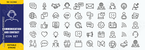 Communication and contacts set of web icons in line style. Speaking signs for web and mobile app. Contact us, discussion, speech bubble, talking, consultation, conversation chat. Vector illustration