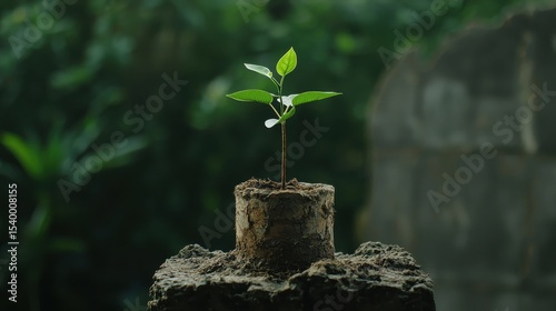 A small green plant seedling grows from soil on a stone surface, symbolizing growth and new beginnings against a blurred natural background.