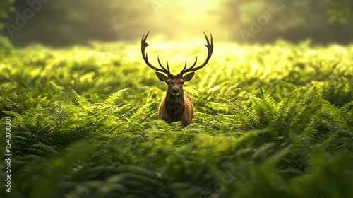 A majestic stag with large antlers stands amidst lush green ferns in a sunlit forest clearing, creating a serene and natural wildlife scene.
