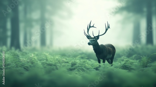 A majestic stag with large antlers stands alert in a misty forest surrounded by lush green ferns and tall trees.