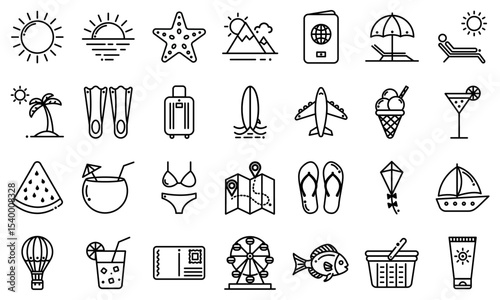 Summer vacation icons in minimalist style with black outlines  