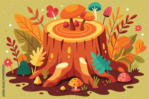 Whimsical Autumn Forest Scene with Tree Stump and Colorful Mushrooms