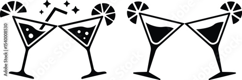 Two martini glasses toasting with a straw and lemon slice and sparkles in black and white illustration