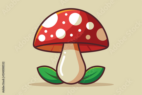 Cartoon Illustration of a Red Mushroom with White Spots and Green Leaves