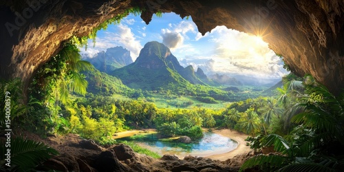 A vibrant tropical valley with lush greenery and mountains, viewed from a cave entrance under a bright, sunny sky with scattered clouds.