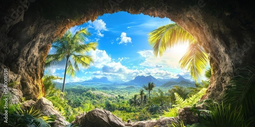 A vibrant tropical landscape viewed from inside a cave, showcasing palm trees, lush greenery, blue sky, and distant mountains under bright sunlight.