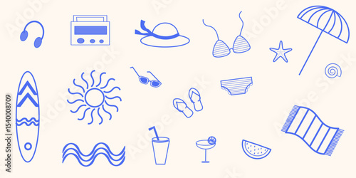 Set di icone mare, vacanze,  estate, elementi da spiaggia utili per pattern, stampe, cartoline