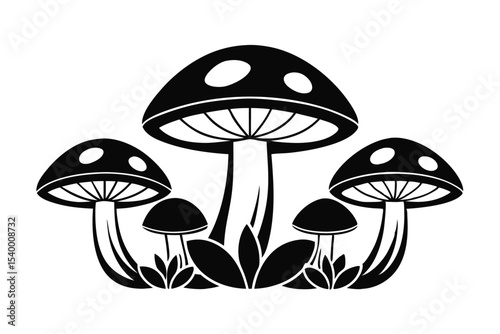 Monochrome Mushroom Cluster Illustration with Spotted Caps and Leafy Base