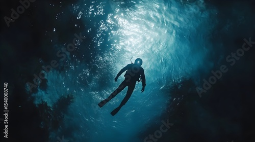 View from below of solitary scuba diver silhouette on glowing light background filtering through deep ocean waters. Mysterious underwater atmosphere with shadowy depths and shimmering textures.