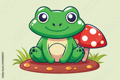 Cute Cartoon Frog Sitting Next to a Mushroom on a Mound
