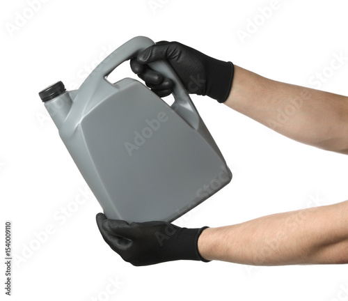 Fototapeta Naklejka Na Ścianę i Meble -  Man with grey canister of motor oil on white background, closeup