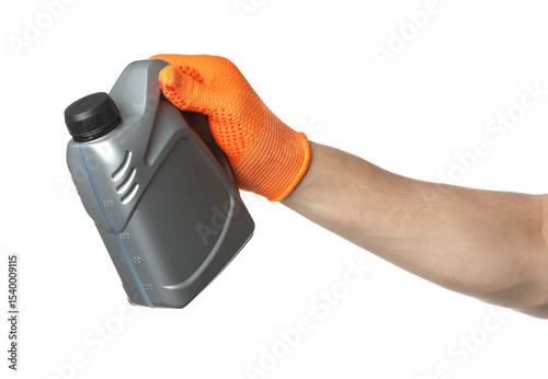 Fototapeta Naklejka Na Ścianę i Meble -  Man with grey canister of motor oil on white background, closeup