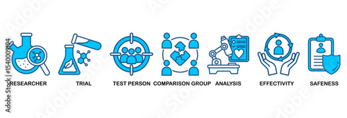 Clinical study icon set vector illustration concept for clinical trial research with an icon of researcher, trial, test person, comparison group, analysis, effectivity, and safeness