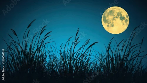 Silhouetted grass against a vibrant night sky with a full moon