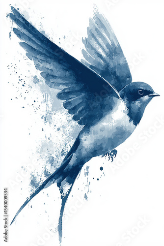 Artistic Illustration of a Flying Blue Swallow Bird in Motion


