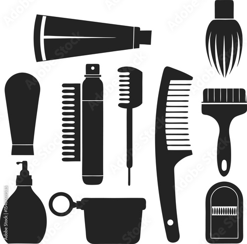 This collection of black and white images displays various tools commonly used in a salon or parlor, such as scissors, combs, and hair dryers.
