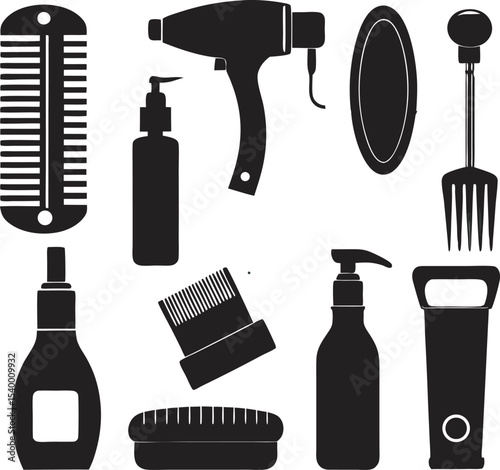 This collection of black and white images displays various tools commonly used in a salon or parlor, such as scissors, combs, and hair dryers.