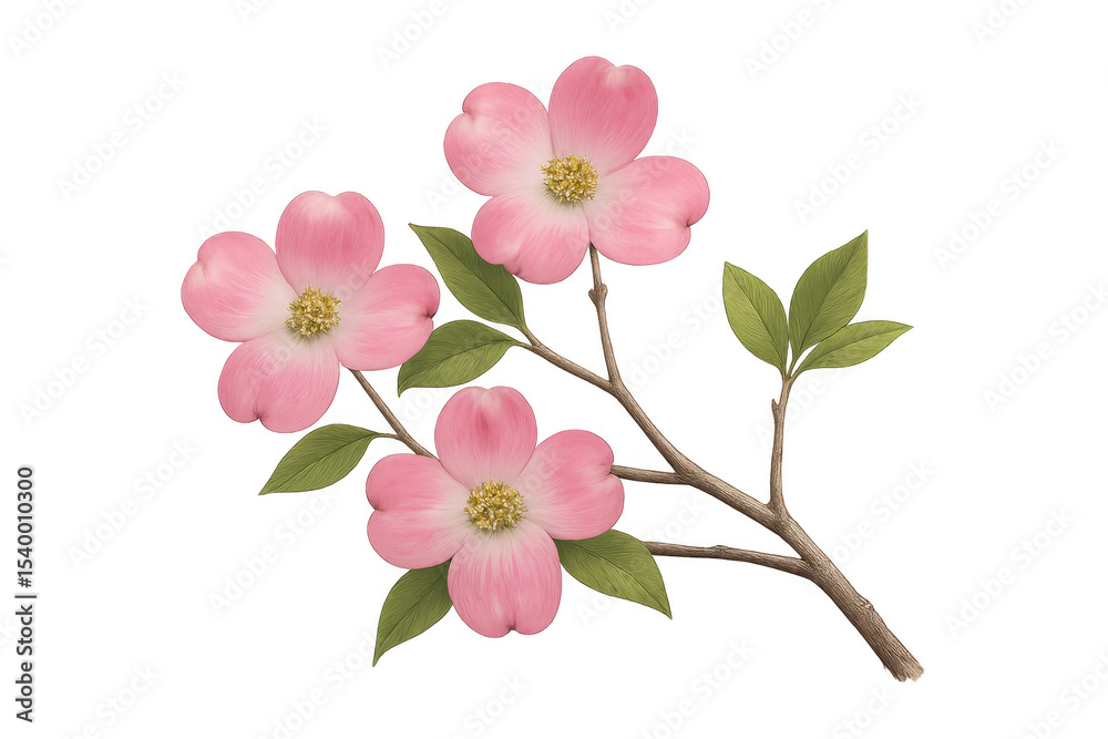Flowering dogwood branch displaying its characteristic pink flowers and green leaves, isolated on a transparent background Flowering dogwood branch displaying its characteristic pink flowers and green leaves, isolated on a transparent background