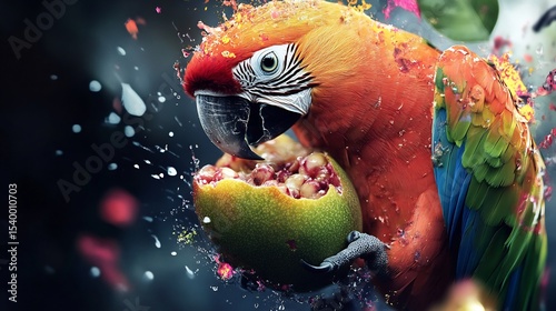 Explosive Digital Art of a Vibrant Macaw Splashing Paint While Eating a Tropical Fruit