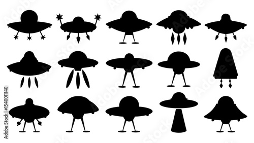 UFO set silhouettes on tranparent background
