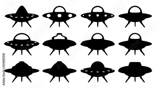 UFO set silhouettes on tranparent background