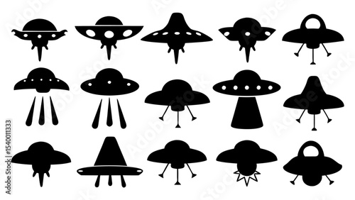 UFO set silhouettes on tranparent background
