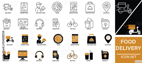 Food Delivery Icon Set Online Order, Fast Delivery, Restaurant and Meal Service