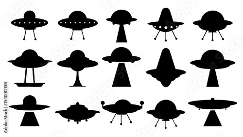 UFO set silhouettes on tranparent background