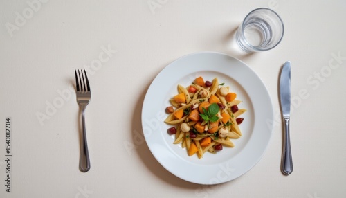 Vibrant Pasta Dish with Seasonal Vegetables on a Modern Dining Table with Water Glass