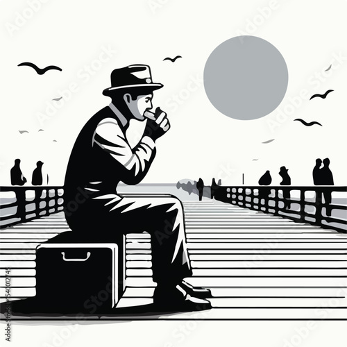 image of a man playing the harmonica on the pier with a simple and minimalist flat design using a white background