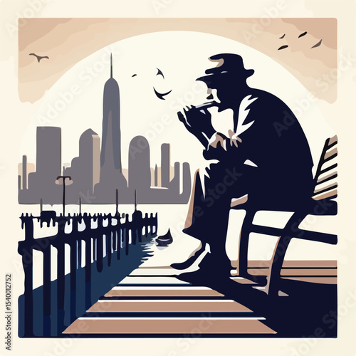 image of a man playing the harmonica on the pier with a simple and minimalist flat design using a white background