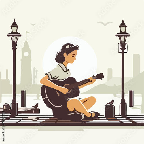 image of a woman playing guitar on a pier with a simple and minimalist flat design using a white background