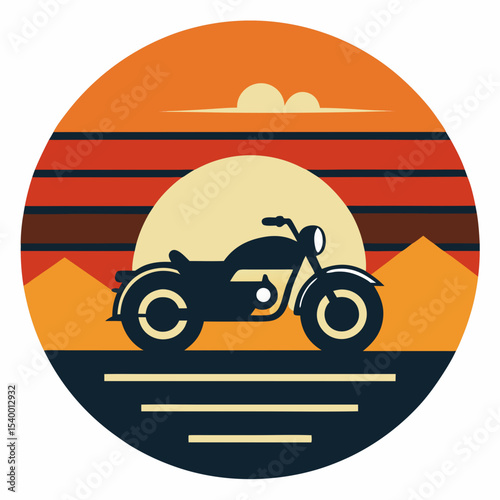 motorcycle cruising a desert road in circular vector illustration