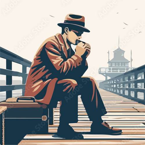 image of a man playing the harmonica on the pier with a simple and minimalist flat design using a white background