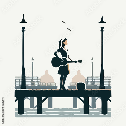 image of a woman playing guitar on a pier with a simple and minimalist flat design using a white background
