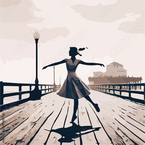 image of a woman dancing on a pier with a simple and minimalist flat design using a white background