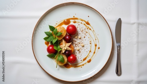 Gourmet Dessert Plate Featuring Fresh Berries Mint and Drizzle of Syrup on White Tablecloth