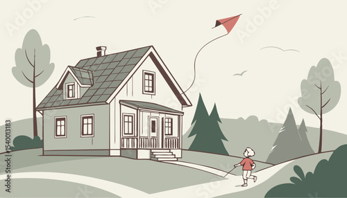 A delightful Scandinavian house stands amidst serene nature, featuring simple lines and a cozy appearance. Soft colors harmonize with the tranquil landscape, creating a peaceful refuge on roof boy is 