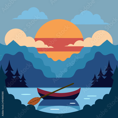 2d animation style canoe crossing misty lake with sunset vector illustration