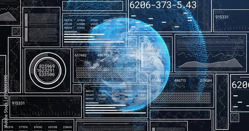 Rotating globe initiating sliding panels updating codes and pulsing charts visualizing global data