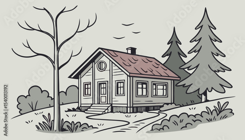 A delightful Scandinavian house stands amidst serene nature, featuring simple lines and a cozy appearance. Soft colors harmonize with the tranquil landscape, creating a peaceful refuge on roof boy is 