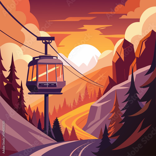cable car between mountains with sunset effect version one vector illustration